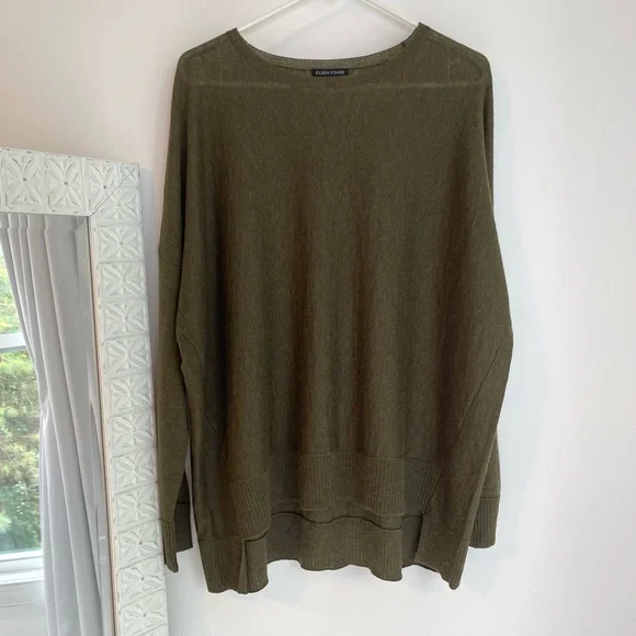 Eileen Fisher Olive Green Boxy High Low Sweater - Picture 2 of 9